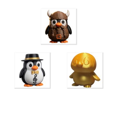 Penguin Variety Collectible Figurine Bundle of 3 - Viking Penguin, Treble Music Gold - Whimsical & Unique Adult Desk Decor - 3D Printed in Canada