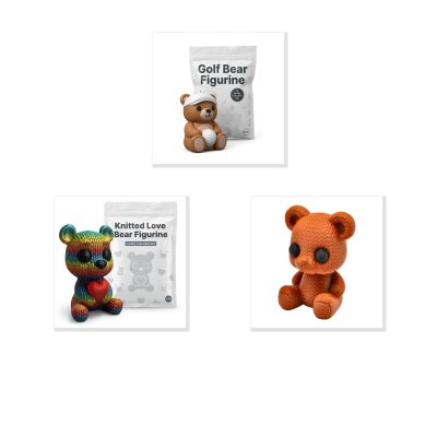 Bear Variety Collectible Figurine Bundle of 3 - Golf Bear, Love Faux-Plush - Whimsical & Charming Adult Desk Decor - 3D Printed in Canada