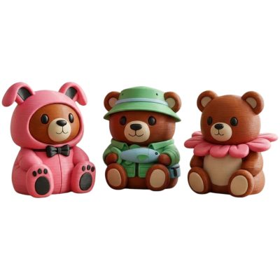 Teddy Variety Collectible Figurine Bundle of 3 - Pink Bunny Suit, Fisherman Cub, Flower Cub - Charming & Unique Adult Desk Decor - 3D Printed in Canada