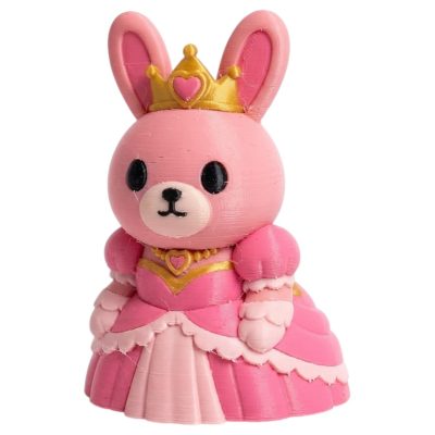 Pink Princess Bunny in Ball Gown with Gold Crown and Heart Necklace 3D Printed Collectible Figurine | Royal Rabbit Shelf Decor - 3D Printed in Canada