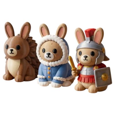 Bunny Variety Collectible Figurine Bundle of 3 - Alaska Winter Bunny, Hedgehog Roman Centurion - Unique & Whimsical Adult Desk Decor - 3D Printed in Canada