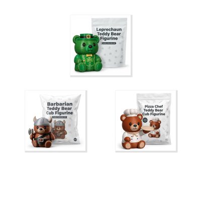 Teddy Variety Collectible Figurine Bundle of 3 - Leprechaun, Barbarian Cub, Pizza Chef Cub - Cute & Whimsical Adult Desk Decor - 3D Printed in Canada