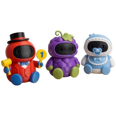 Robot Variety Collectible Figurine Bundle of 3 - Auctioneer Robot, Grape Bunch Collectible - Whimsical & Fun Adult Desk Decor - 3D Printed in Canada