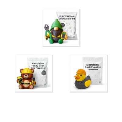 Electrician Collectible Figurine Bundle of 3 - Electrician Gnome, Teddy Bear Cub, Duck - Whimsical & Fun Adult Desk Decor - 3D Printed in Canada