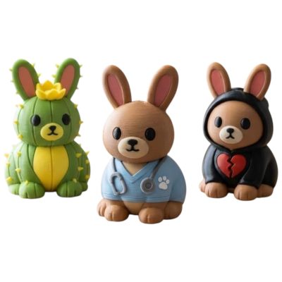 Bunny Variety Collectible Figurine Bundle of 3 - Veterinarian Bunny, Cactus Emo - Whimsical & Unique Adult Desk Decor - 3D Printed in Canada