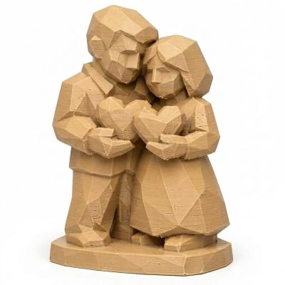 Wood Carved-Like Two Hearts Figurine - Unique Desk Decor and Gift for Adults 3D Printed in Canada - 3D Printed in Canada (Classic Birch)