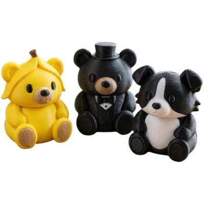 Teddy Variety Collectible Figurine Bundle of 3 - Banana Teddy Bear, Groom Bear, Border Collie - Adorable & Whimsical Adult Desk Decor - 3D Printed in Canada