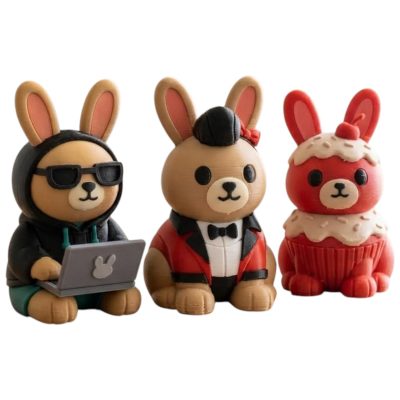 Bunny Variety Collectible Figurine Bundle of 3 - Rockabilly Bunny, Hacker Cupcake - Fun & Quirky Adult Desk Decor - 3D Printed in Canada