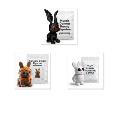 Bunny Variety Collectible Figurine Bundle of 3 - Mystic Demon, Pancake, Tiny - Cute & Unique Adult Desk Decor - 3D Printed in Canada