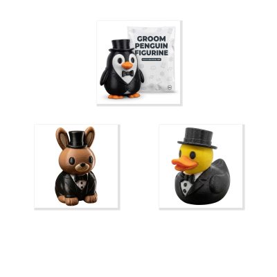 Groom Collection Collectible Figurine Bundle of 3 - Penguin, Bunny, Duck - Elegant & Quirky Adult Desk Decor - 3D Printed in Canada