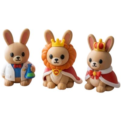 Bunny Variety 3-Pack Collectible Figurine Bundle of 3 - Noble Bunny, Chemist Scientist Queen - Whimsical & Royal Adult Desk Decor - 3D Printed in Canada