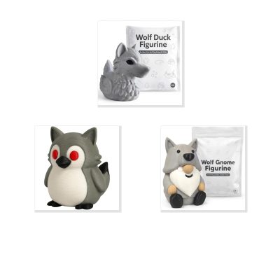 Wolf Collectible Figurine Bundle of 3 - Wolf Duck, Penguin, Gnome - Unique & Whimsical Adult Desk Decor - 3D Printed in Canada