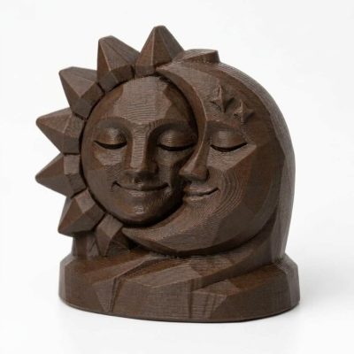 Wood Carved-Like Sun and Moon Figurine in Black Walnut Finish - 3D Printed in Canada (Black Walnut)