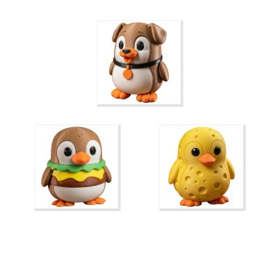 Penguin Variety Collectible Figurine Bundle of 3 - Happy Puppy Penguin, Cheeseburger Cheese - Adorable & Unique Adult Desk Decor - 3D Printed in Canada