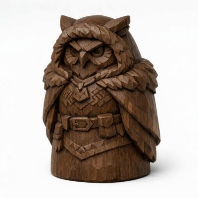 Wood Carved-Like Owl of the North Figurine in Black Walnut Finish - 3D Printed in Canada (Black Walnut)