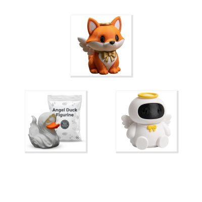 Angel Collectible Figurine Bundle of 3 - Angel Fox, Duck, Robot - Charming & Ethereal Adult Desk Decor - 3D Printed in Canada