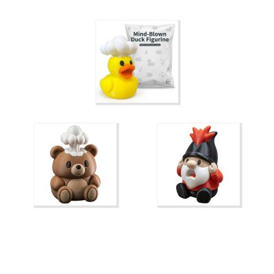 Mind-Blown Collectible Figurine Bundle of 3 - Duck, Teddy Bear, Gnome - Humorous & Quirky Adult Desk Decor - 3D Printed in Canada
