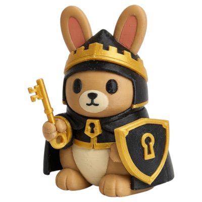 Gatekeeper Bunny with Gold Skeleton Key and Keyhole Shield 3D Printed Collectible Figurine | Fantasy Guardian Rabbit Decor - 3D Printed in Canada