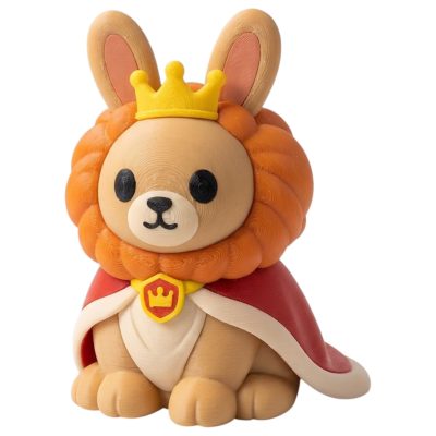 Noble Lion King Bunny with Orange Mane Crown and Red Royal Cape 3D Printed Collectible Figurine | Majestic Rabbit Shelf Decor - 3D Printed in Canada