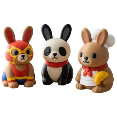 Bunny Variety Collectible Figurine Bundle of 3 - Panda Bear Bunny, French Baker Luchador Wrestler - Whimsical & Unique Adult Desk Decor - 3D Printed in Canada