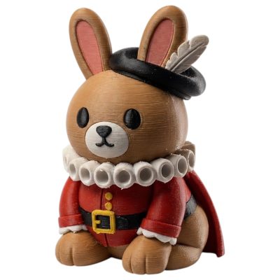 Shakespeare Bunny with Feathered Beret and Ruffled Collar in Red Doublet 3D Printed Collectible Figurine | Literary Rabbit Decor - 3D Printed in Canada