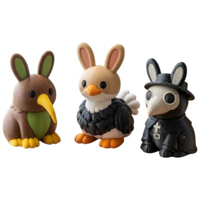 Bunny Variety Collectible Figurine Bundle of 3 - Kiwi Bird Bunny, Ostrich Plague Doctor - Unique & Artistic Adult Desk Decor - 3D Printed in Canada