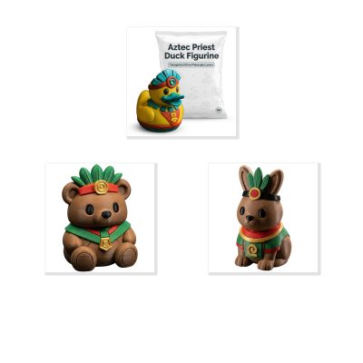 Aztec Priest Collectible Figurine Bundle of 3 - Duck, Teddy Bear Cub, Bunny - Unique & Cultural Adult Desk Decor - 3D Printed in Canada
