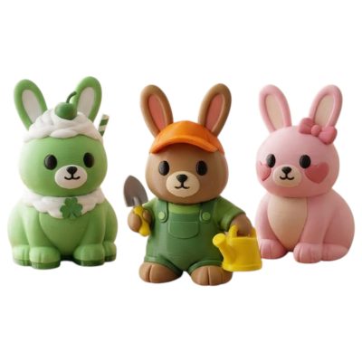 Bunny Variety Collectible Figurine Bundle of 3 - Shamrock Shake Bunny, Landscaper Blushing Pink - Charming & Whimsical Adult Desk Decor - 3D Printed in Canada