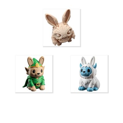 Bunny Variety Collectible Figurine Bundle of 3 - Creepy Feaster Bunny, Forest Elf Yeti - Fantasy & Unique Adult Desk Decor - 3D Printed in Canada