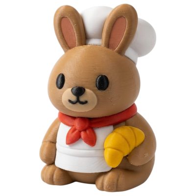 French Baker Bunny in Chef Hat with Croissant and Red Neckerchief 3D Printed Collectible Figurine | Pastry Chef Rabbit Decor - 3D Printed in Canada