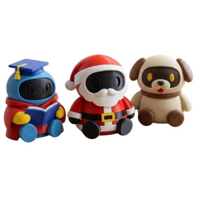 Robot Variety Collectible Figurine Bundle of 3 - Santa Claus Robot, Reading Happy Puppy - Whimsical & Unique Adult Desk Decor - 3D Printed in Canada