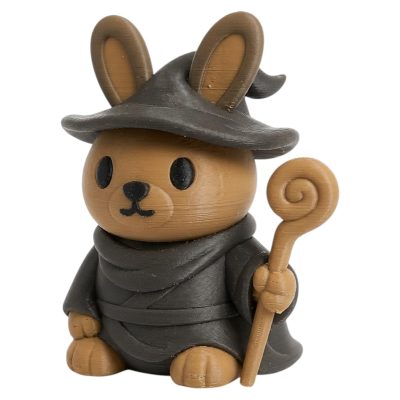 Wandering Wizard Bunny in Gray Cloak with Hat and Spiral Staff 3D Printed Collectible Figurine | Fantasy Mage Rabbit Decor - 3D Printed in Canada