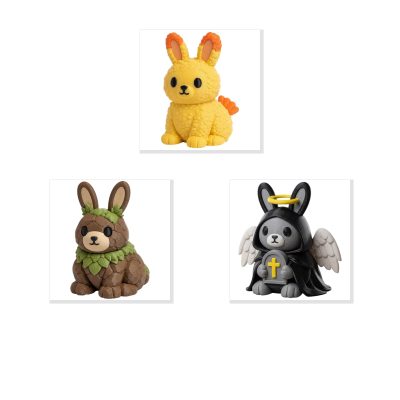 Bunny Variety Collectible Figurine Bundle of 3 - Tempura Bunny, Stone Angel - Whimsical & Unique Adult Desk Decor - 3D Printed in Canada
