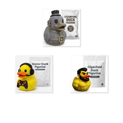 Pop Culture/Fun Duck Collectible Figurine Bundle of 3 - Steampunk, Gamer, Gigachad - Trendy & Fun Adult Desk Decor - 3D Printed in Canada