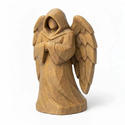 Wood Carved-Like Winged Watcher Figurine - Unique Desk Decor for Adults 3D Printed in Canada - 3D Printed in Canada (Classic Birch)