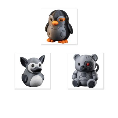 Cybernetic Collection Collectible Figurine Bundle of 3 - Penguin, Duck, Teddy Bear - Futuristic & Unique Adult Desk Decor - 3D Printed in Canada
