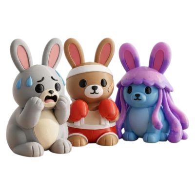 Bunny Variety Collectible Figurine Bundle of 3 - Fearful Bunny, Boxer Jellyfish - Whimsical & Fun Adult Desk Decor - 3D Printed in Canada