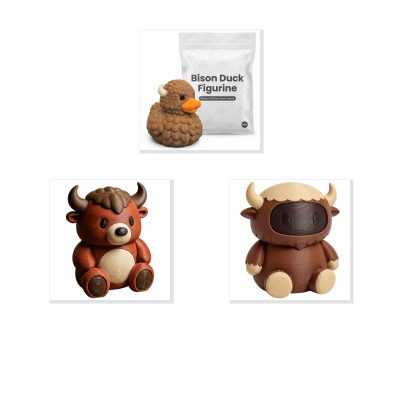 Bison Collection Collectible Figurine Bundle of 3 - Bison Duck, Teddy Bear Cub, Robot - Quirky & Fun Adult Desk Decor - 3D Printed in Canada