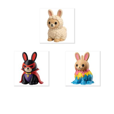 Bunny Variety Collectible Figurine Bundle of 3 - Fluffy Llama Bunny, Masked Villain Melting Paint Drip - Whimsical & Artistic Adult Desk Decor - 3D Printed in Canada