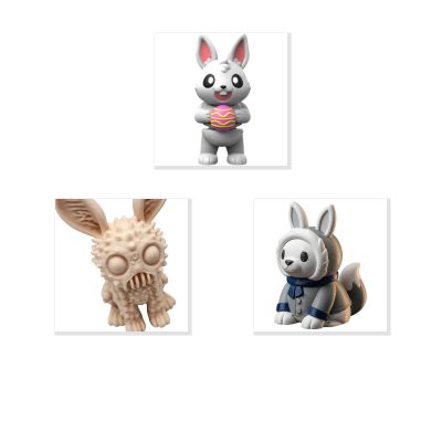 Bunny Variety Collectible Figurine Bundle of 3 - Easter Bunny, Monster Rabbit, Arctic Fox - Unique & Whimsical Adult Desk Decor - 3D Printed in Canada