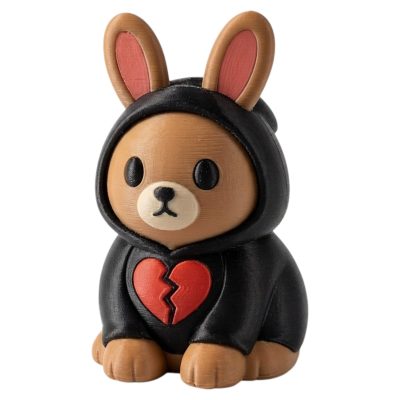 Heartbreak Emo Bunny in Black Hoodie with Broken Red Heart 3D Printed Collectible Figurine | Sad Mood Rabbit Desk Decor - 3D Printed in Canada