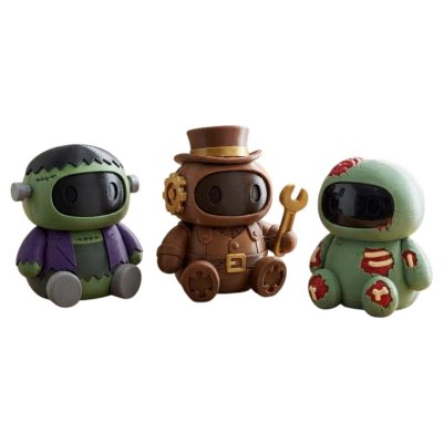 Robot Variety Collectible Figurine Bundle of 3 - Steampunk Robot, Classic Monster Gruesome Zombie - Unique & Artistic Adult Desk Decor - 3D Printed in Canada
