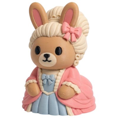 Marie Antoinette Bunny with Powdered Wig Pink Bow and Blue Gown 3D Printed Collectible Figurine | French Royalty Rabbit Decor - 3D Printed in Canada