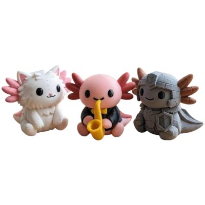 Axolotl Variety 3-Pack Collectible Figurine Bundle of 3 - Saxophone Axolotl, Persian Cat Stone Sentinel - Charming & Unique Adult Desk Decor - 3D Printed in Canada