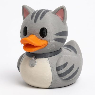 Grey Tabby Cat Duck Collectible Figurine - Unique Desk Decor for Adults – 3D Printed in Canada