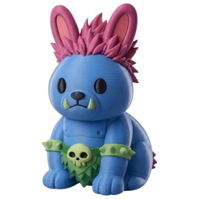 Blue Troll Bunny with Pink Spiky Hair and Green Tusks 3D Printed Collectible Figurine | Fantasy Monster Rabbit Shelf Decor - 3D Printed in Canada