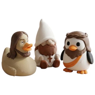 Jesus Collectible Figurine Bundle of 3 - Jesus Duck, Gnome, Penguin - Inspirational & Spiritual Adult Desk Decor - 3D Printed in Canada