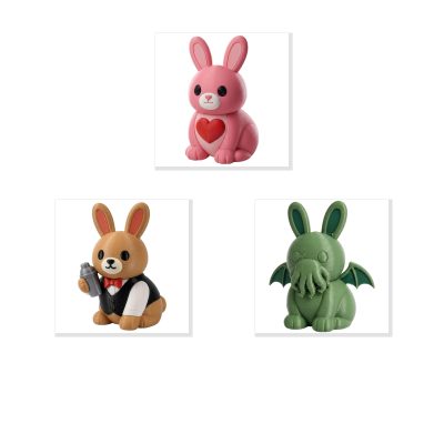 Bunny Variety Collectible Figurine Bundle of 3 - Pink Heart Bunny, Bartender Tentacle Monster - Whimsical & Unique Adult Desk Decor - 3D Printed in Canada
