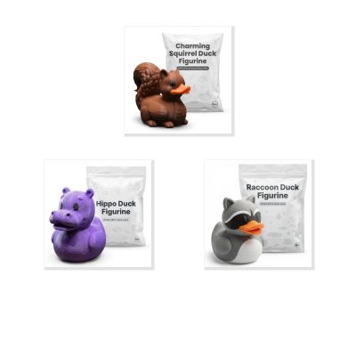 Animals Duck Collectible Figurine Bundle of 3 - Squirrel, Hippo, Raccoon - Charming & Whimsical Adult Desk Decor - 3D Printed in Canada