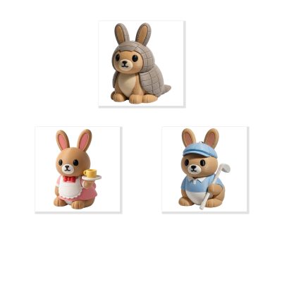 Bunny Variety 3-Pack Collectible Figurine Bundle of 3 - Armadillo Shell Bunny, Waitress Golfer - Unique & Whimsical Adult Desk Decor - 3D Printed in Canada